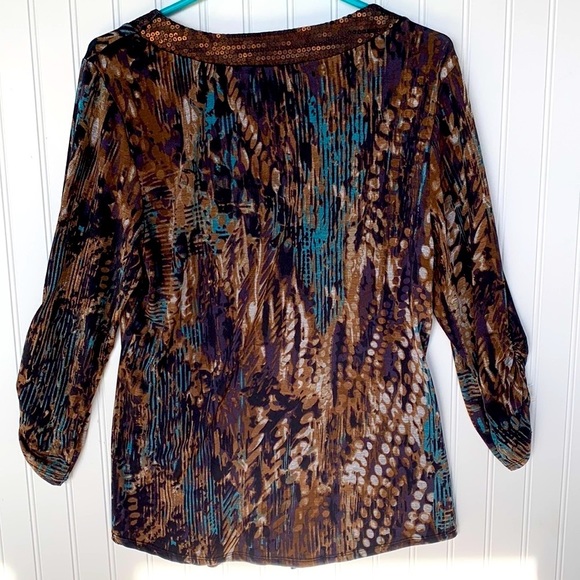 Cato BROWN TEAL BLACK COLOR LONG SLEEVE ROUND NECK BLOUSE RUCHED SLEEVES LARGE - Picture 7 of 10